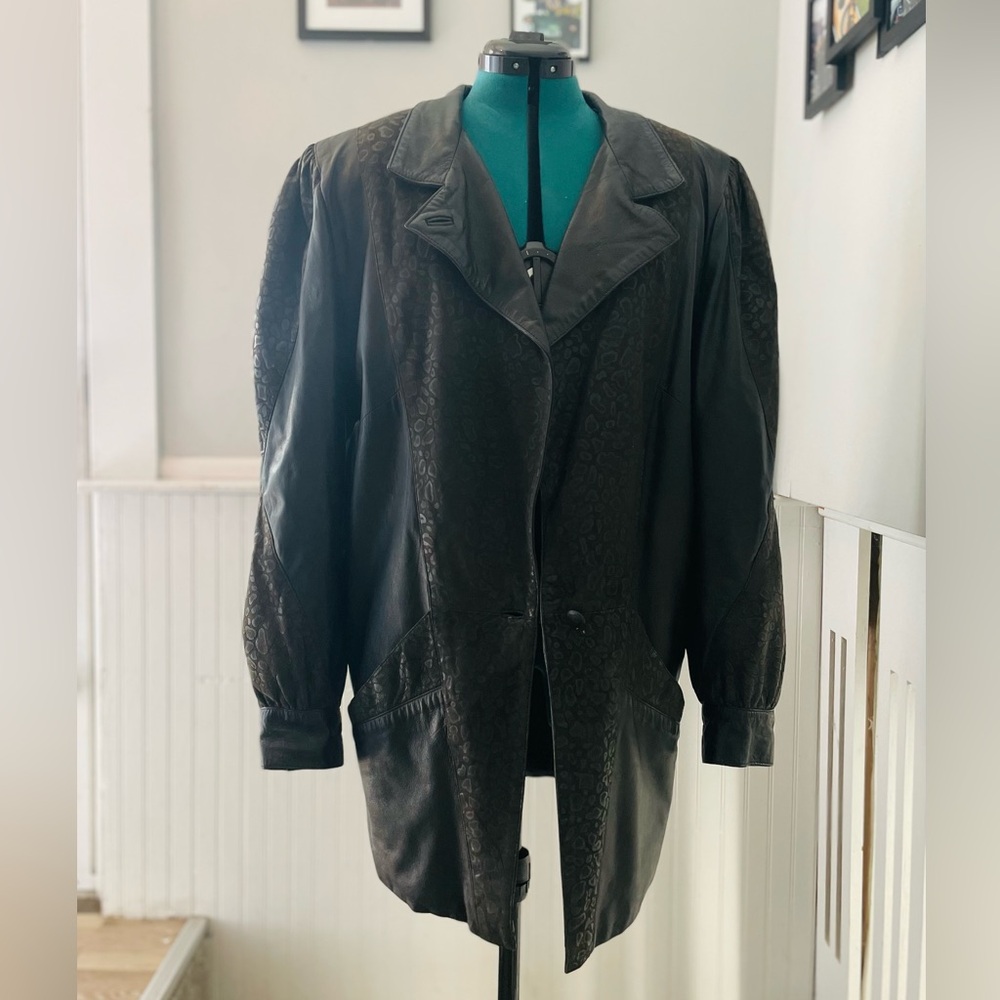 Echt leder vintage faux leather coat with leopard print detail